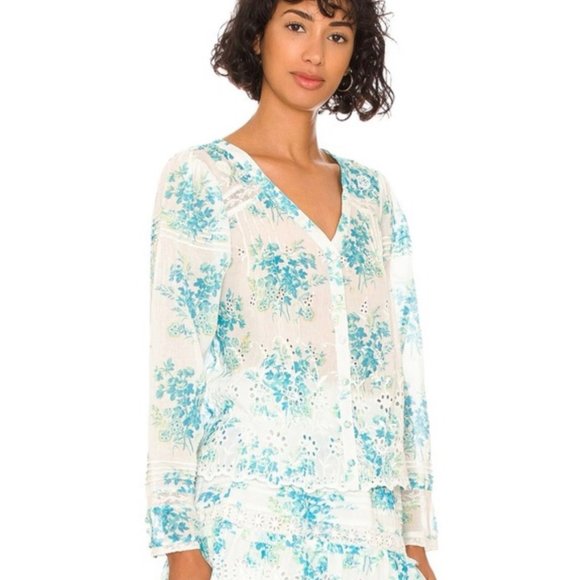 LoveShackFancy Mauro Blouse Button Down Floral Print Magic Turquoise XS - Picture 2 of 6